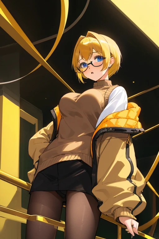 masterpiece, best quality, 1 girl, (14 years old),Brown sweater, mini scart, and black tights,yellow hair, short hair, hime cut, blue eyes, {{glasses}}, {{big breasts}},