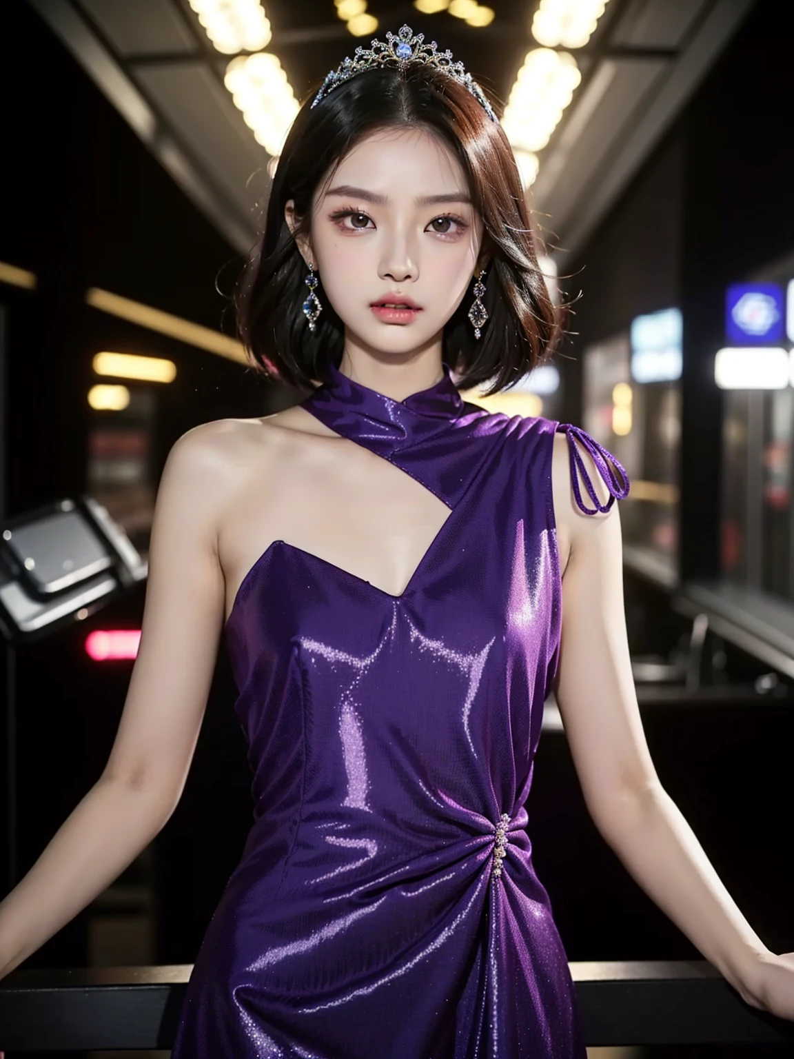Araped woman wearing dark purple yellow dress, best face, chassis, blackpink jennie, Yanjun Chengt, Popular Korean Makeup, Exciting and cute aesthetics, Jinyoung Shin, Popular Korean Makeup, Inspired by Hwangji, Small tiara, Beautiful Angel Girl, official artwork, really beautiful and cute girl, laugh, swarovski dress, sparkly dress, Short hair, tide