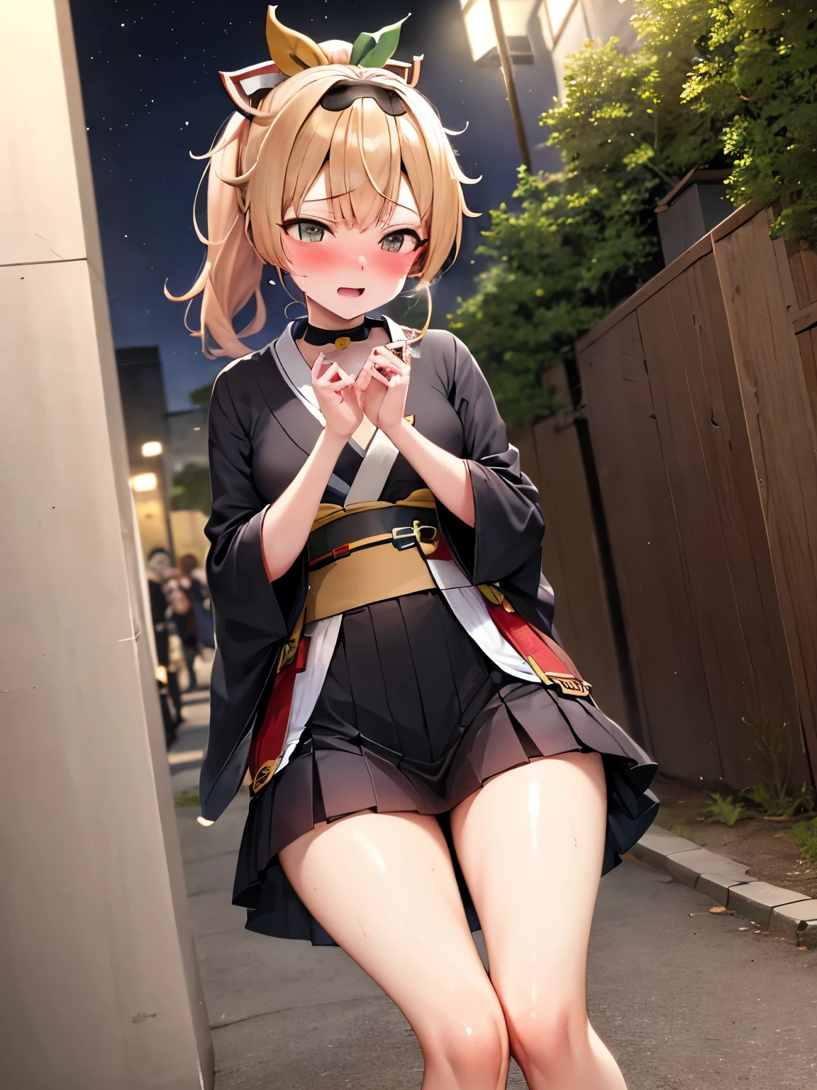 NSFW,Hololive,Kazema Iroha,Blonde,ponytail,kimono,Hakama,mini skirt,Embarrassed,blush,Night Park,wood,Public toilet,(Perfect hands),(Perfect Anatomy),(masterpiece),(highest quality)