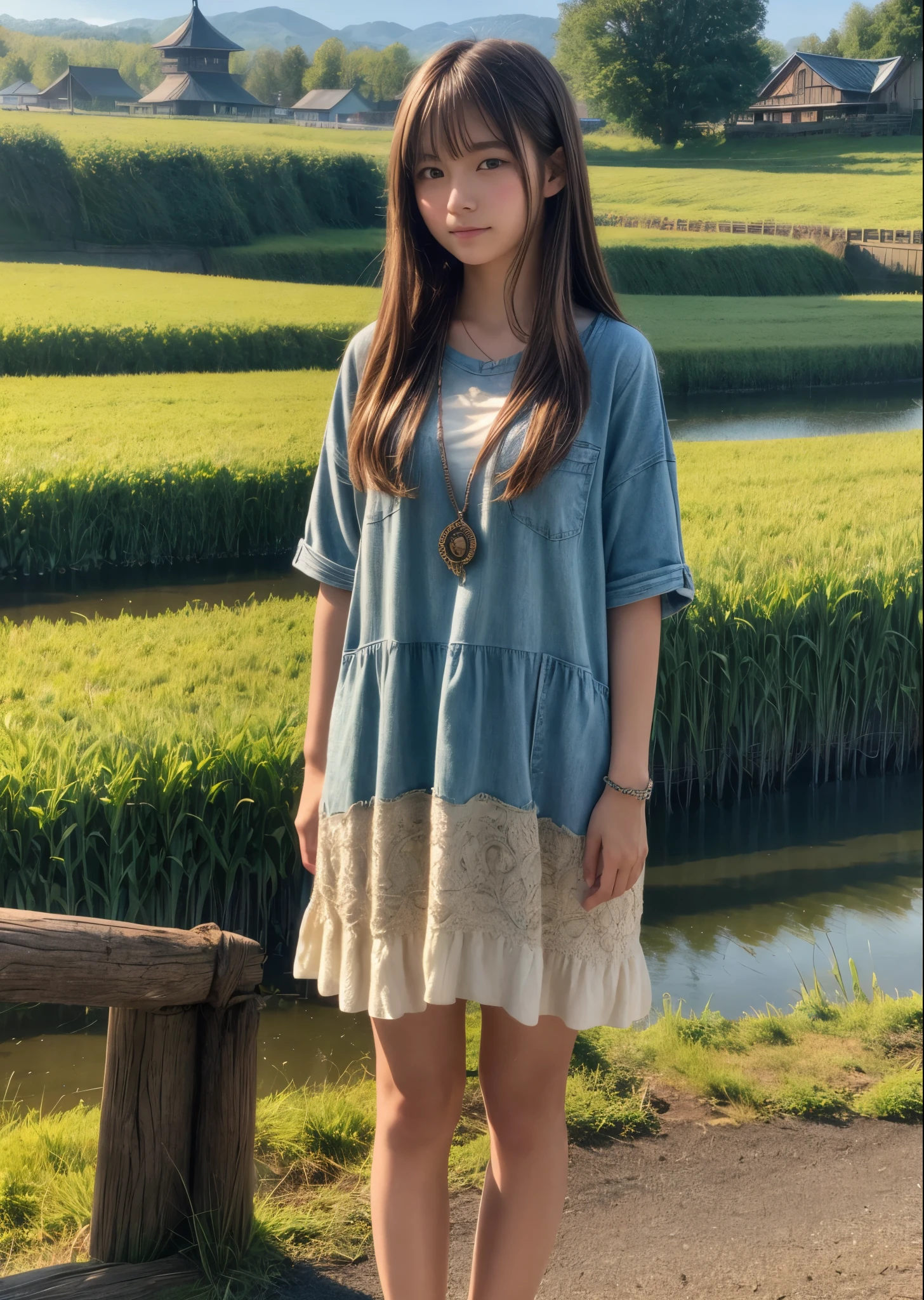 age Japanese Women、Casual clothing、Brown Hair、Dutch farm landscape、Morning Glow、Looking at the camera、Full body photo、masterpiece、highest quality、Very detailed、Official Art、(((masterpiece))), (((highest quality))), ((Intricate details)), ((Surreal))、