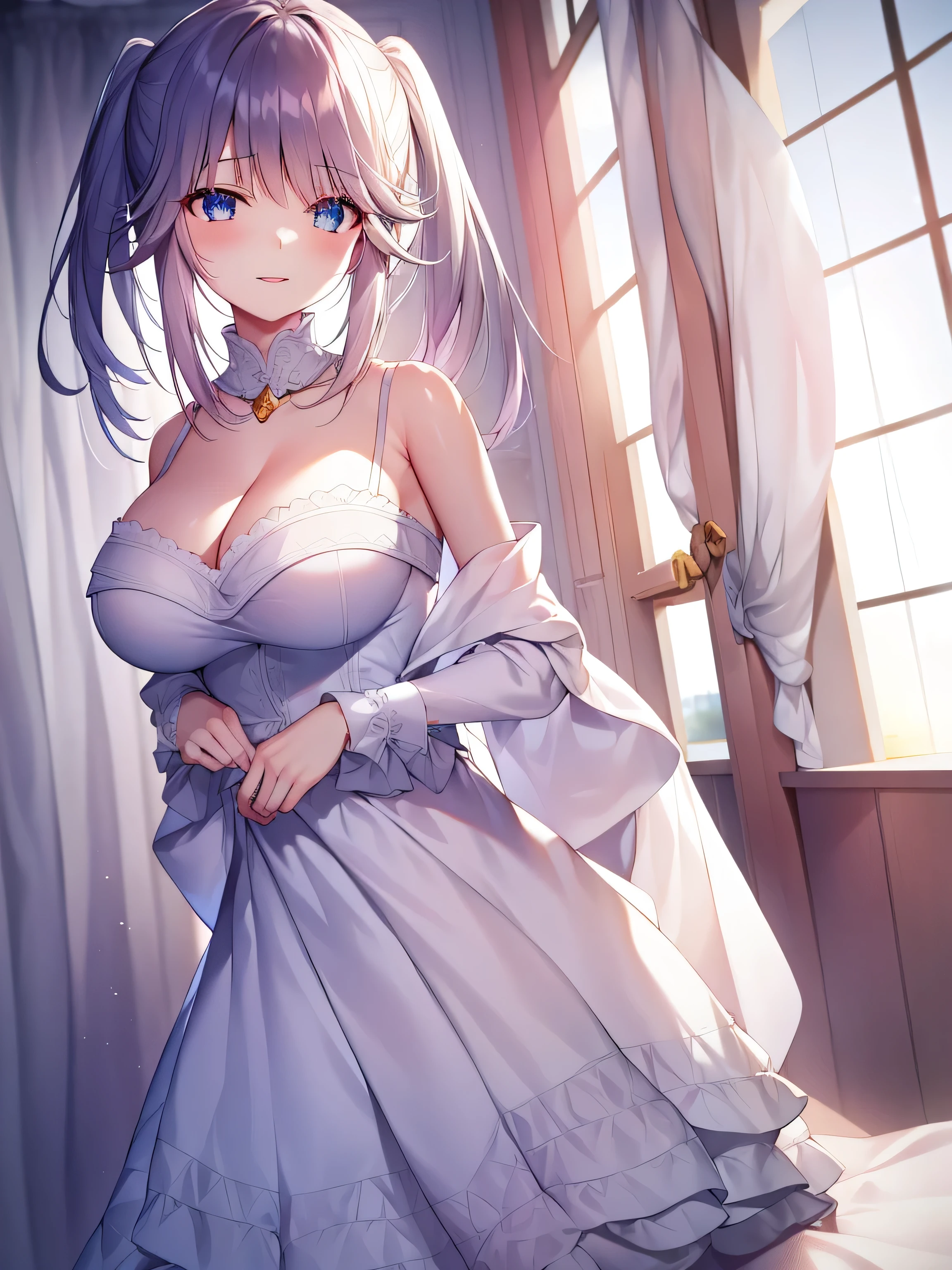 detailed, dense, masterpiece, A girl, Beautiful big breasts, Wearing a white cardigan, permanent,Standing by the bed,With blanket, white hair, , Light and smooth skin, Light skin, Shiny Hair, Clear eyes, Light's eyes,blue eyes, Light pink lips, (Audience looking down: 0. 8) Smile, Cheeks dyed red, Very shy, open mouth, By Bangs, White sleeves, White coat, A girl, soft skin,Large cleavage, Light skin, Light, Rich Light, room Lighting, Simple gold necklace, Diamond necklace, white lace bra, White lace, white lace underwear, High Angle, Low Angle, (masterpiece: 1.0), (Practical: 1.6), (Soft Focus: 1.5),black,