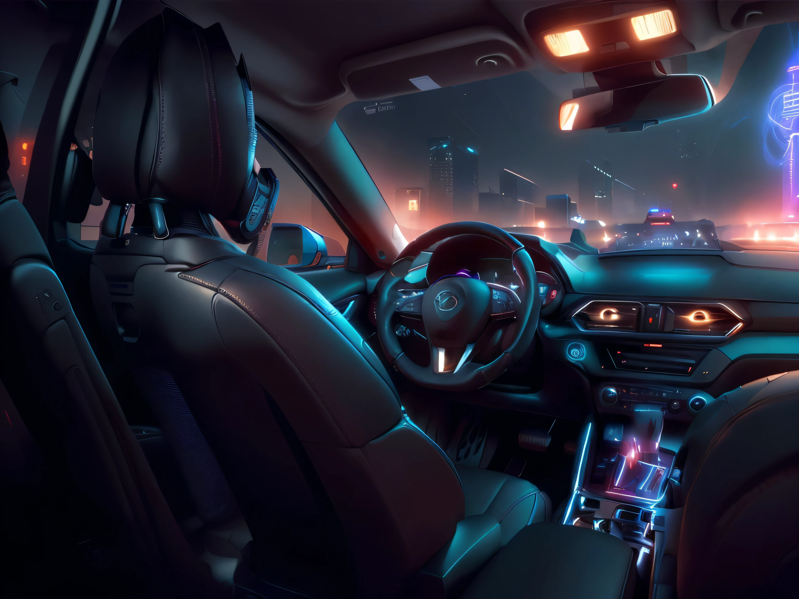 There is a car with a steering wheel and a dashboard, Very nice ambient light, Leather upholstery, Detailed environment lighting, red Leather upholstery, Car interior, Glowing internal components, Top ambient lighting, Right button light, Viewpoint is in front and on the left, Shot with Sony a7r camera, Mysterious atmosphere light, forward lighting,Cyberpunk style, high tech, future world, Metropolitan Scene, Mechanical transformation, Digitizing, Augmented Reality, Social Issues, dark/Low light effects, Neon lights and shadows, Dystopia, Will and Control, and injustice, Technology elements, Virtual Reality, Human-machine integration, Data flow and code, city traffic, AI, Network and Information, masterpiece, Ultra-detailed details, 8k HD, best quality