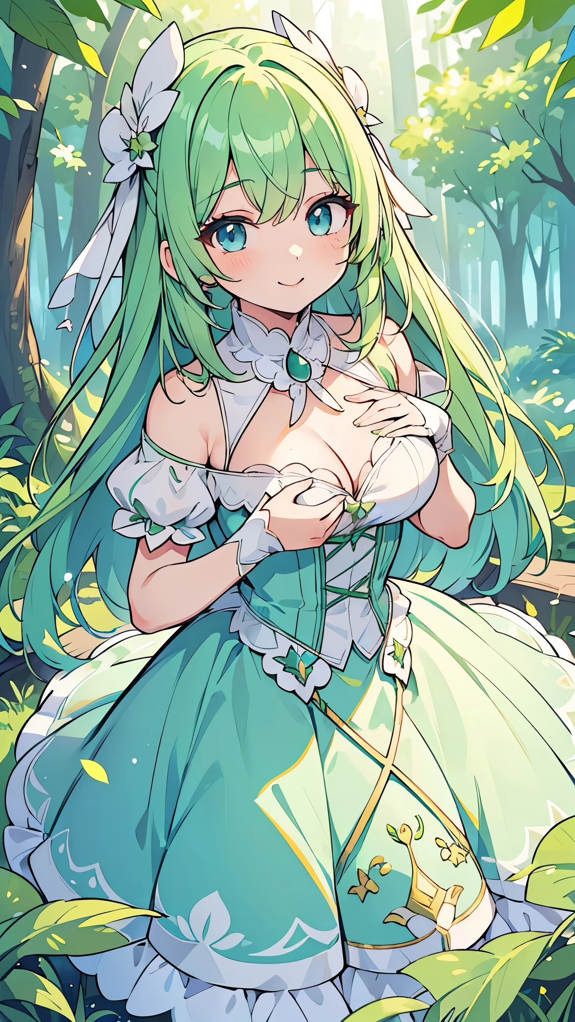 ((A Pretty girl with green hair and blue eyes)), ((wearing the white dress)), Baby face, ((top-quality, master piece, ultra-definition, high resolution)), anime girl, ((ultra-detailed illust:1.2)), only one person, bangs, hair between eye, beautiful hair, Beautiful eyes, medium breast, Big smile, in the forest