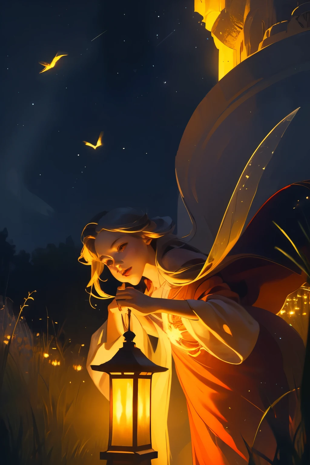 (8k, top quality, masterpiece: 1.2), (Practical, photoPractical: 1.37), Super Detail, A girl, Wide viewing angle, Firefly Garden, Many faint little lights and fireflies flew around, night