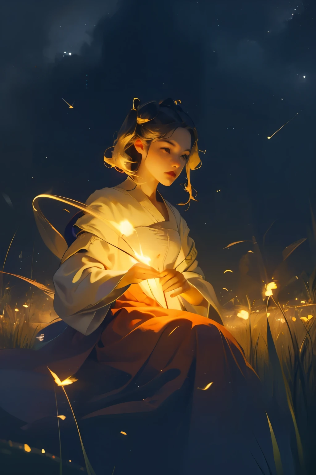 (8k, top quality, masterpiece: 1.2), (Practical, photoPractical: 1.37), Super Detail, A girl, Wide viewing angle, Firefly Garden, Many faint little lights and fireflies flew around, night