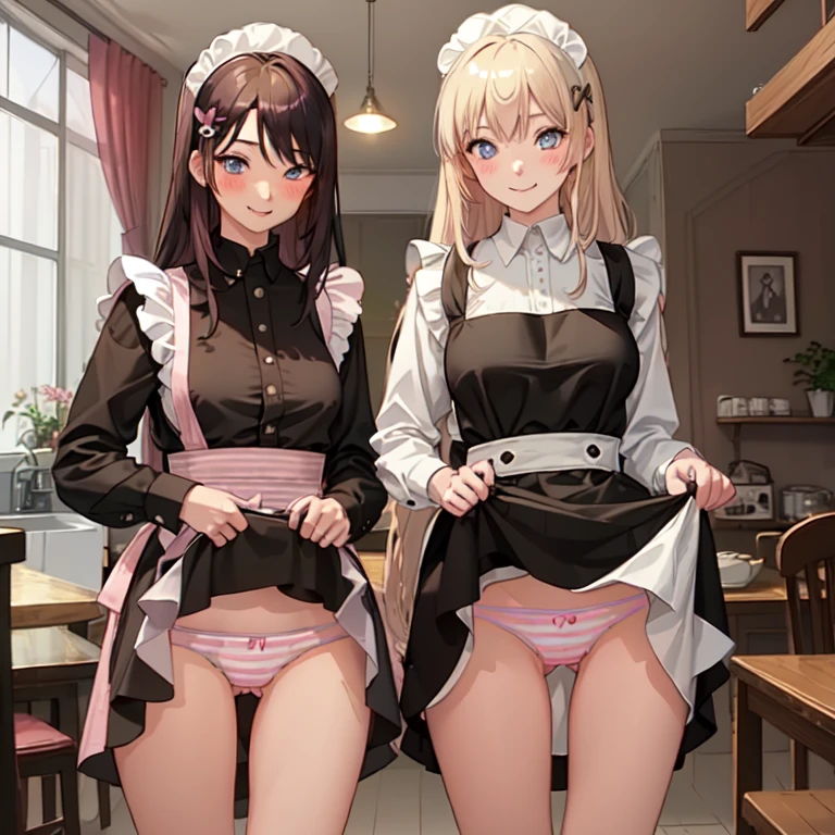 highest quality、masterpiece、((2 girls:1.5))、((smile:1.3))、(blush:1.3)、Black Shirt、blouse、((fun!!))、(Small breasts)、(Blonde:1.3)、(long hair)、(Long sleeve)、((White apron:1.5))、((Maid))、((hair ornaments)),、Kamimei、look at me、 ((in house:1.5))、 Taking a break from watching the audience、Cowboy Shot、(Skirt lift:1.3),(Highly detailed pink striped panties:1.3)、(Highly detailed panties:1.3)、、(スカート that rolls up:1.3)、(Panties fully exposed:1.5)、Light blue eyes、long hair、Glowing Eyes