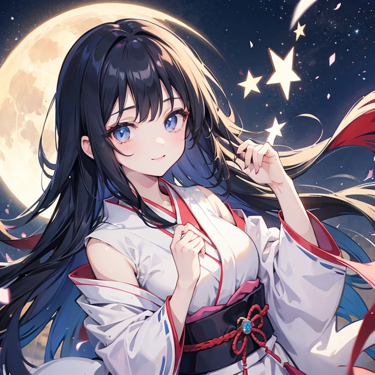 anime、Vibrant colors、Cool beauty、17 years old、Black Hair、Long Hair、Straight Hair、The bangs are cut above the eyebrows、Narrow eyes、Slanted Eyes、Bright eyes、Sparkling eyes、Large Breasts、Night Sky、full moon、sky blue kimono