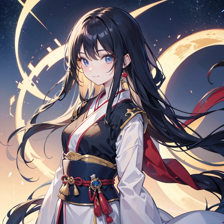 An anime-style beauty, around 20 years old, Japanese, with long black hair, vivid eyes that sparkle, a smiling face, set against a nighttime backdrop with a full moon and a beautiful starry sky.