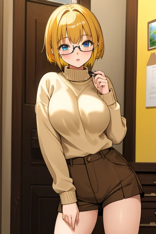 masterpiece, best quality, 1 girl, (14 years old),Brown sweater,short spats pants ,yellow hair, short hair, hime cut, blue eyes, {{glasses}}, {{big breasts}},