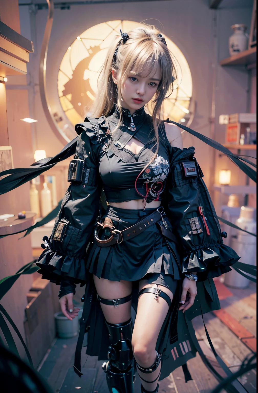 (masterpiece, highest quality:1.2), (8K Ultra HD, 16k, 32k, Ultra-high resolution), (Realistic:1.37), (RAW Photos), Ultimately realistic, Ultimately realistic details, Ultimately realistic texture, Ultimate in exquisite detail, Ultimately realistic lighting, Ultimately realistic shadow, Japanese Girls, Extremely cute face, Ultimate RAW Skin, Ultimately realistic eyes, (mechanical:1.4),  (armor), whole body, Wide Shot