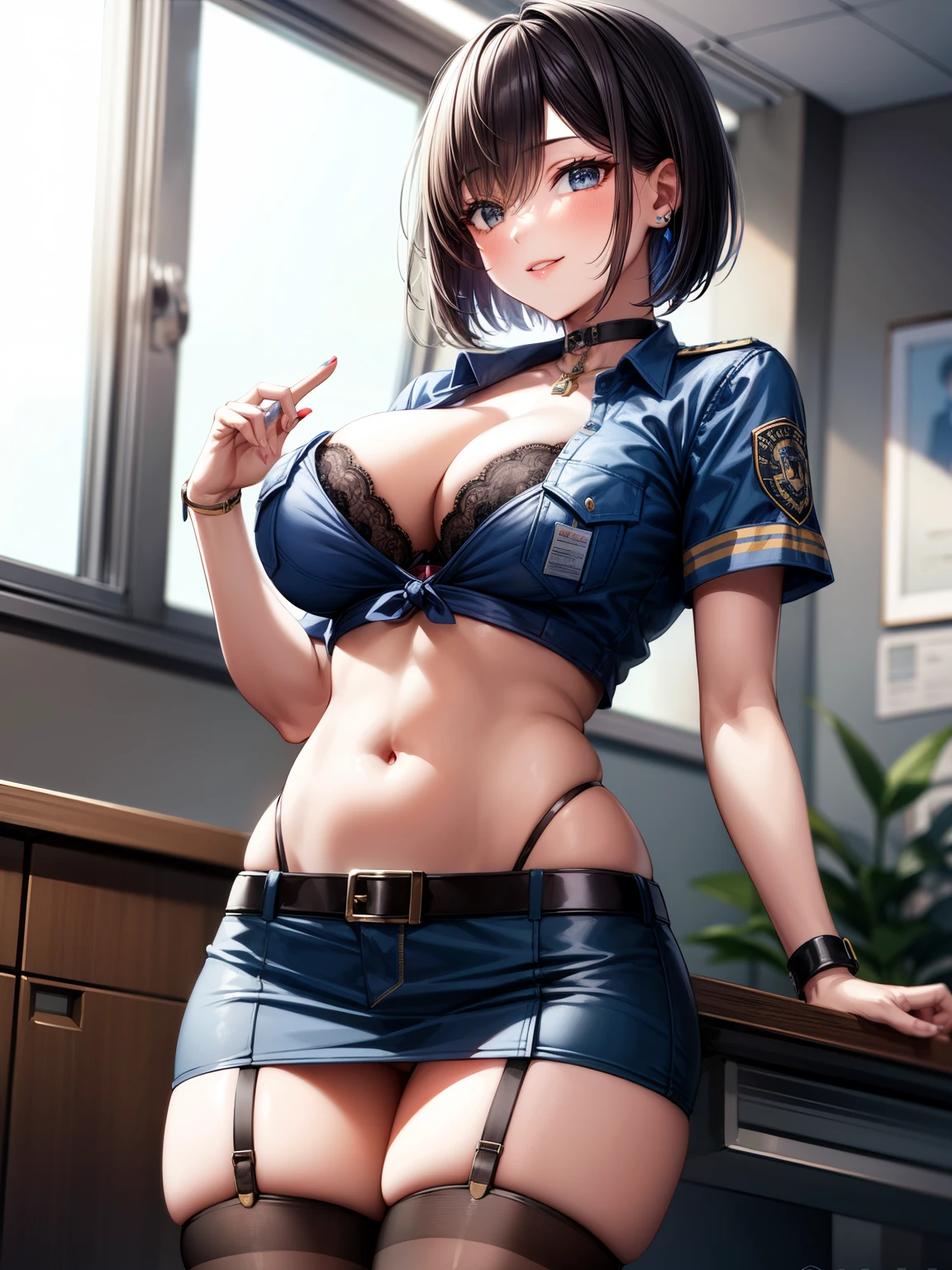 masterpiece, high quality, Fine grain, One girl, alone, Black medium hair, Bobcut, bangs, (Big Breasts 1.0), (Volupture:1.2), Slender body, Long legs, A light smile, View your viewers, (Contrasting:1.0),Cowboy Shot (office:1.1), Blue police uniform,Armband, chest badge, button, Short sleeve, Chest pocket, belt, Cleavage, Cropped tops, Blue short pencil skirt, belly button, Garter Straps, Black knee socks, belly button, Heart Earrings, choker, Thigh straps, A glimpse of her white panties, A glimpse of her white bra, (show of panties:0.98), (show off bra:0.98)