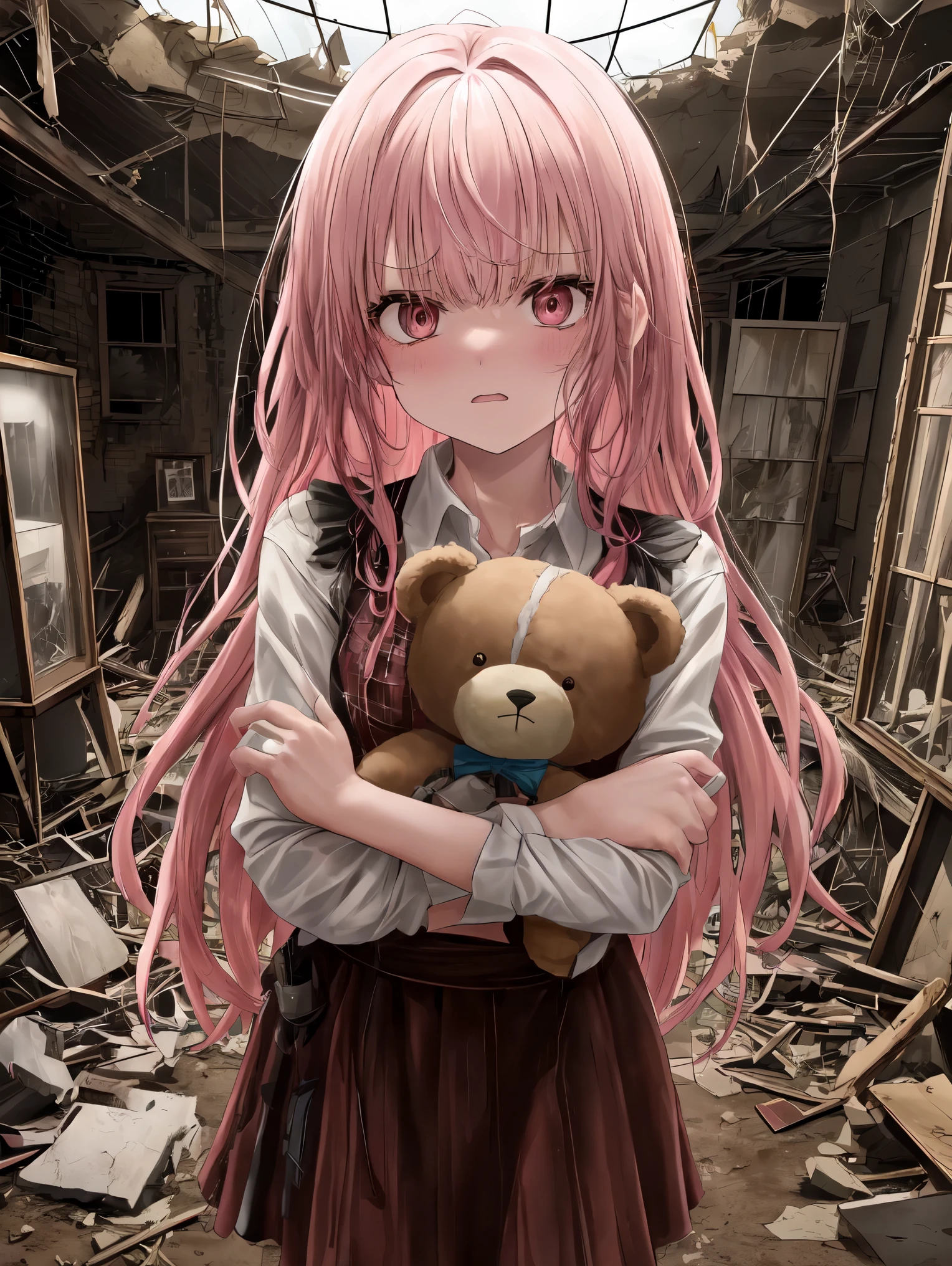 (high quality) (4K) (Better Quality) One girl, Pink Hair (cowboy_injection:1.2), Face Focus, Long Hair, Fringe Sidelock, Scared,(scared:1.1) Performance, Holding a teddy bear, Atmospheric lighting, Sulky, darkness, In an old museum in ruins, The clear glass showcase is filled with interesting objects, Dusty, Post-apocalyptic, Spider web, That&#39;s excellent, Beautiful 8K Wallpapers, Very detailed, Complex
