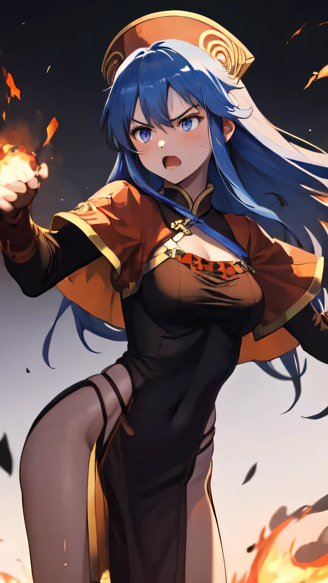 masterpiece, best quality,  def_lilina, {angry}, china dress, standing on one leg, 1 girl, {{{standing_split}}}, high kick, fighting stance, motion blur, fire