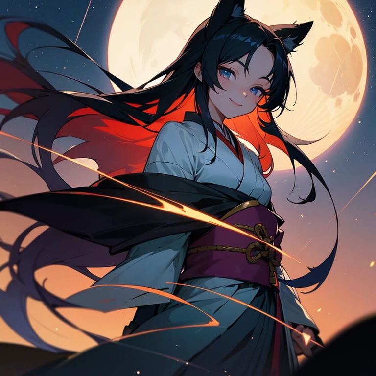 An anime-style beauty, around 20 years old, Japanese, with long black hair, vivid eyes that sparkle, a smiling face, set against a nighttime backdrop with a full moon and a beautiful starry sky.