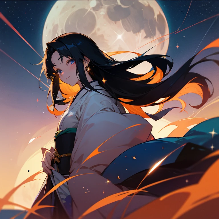 An anime-style beauty, around 20 years old, Japanese, with long black hair, vivid eyes that sparkle, a smiling face, set against a nighttime backdrop with a full moon and a beautiful starry sky.