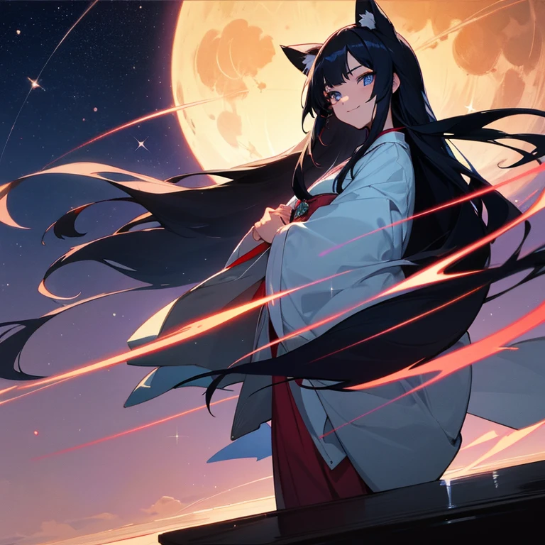 An anime-style beauty, around 20 years old, Japanese, with long black hair, vivid eyes that sparkle, a smiling face, set against a nighttime backdrop with a full moon and a beautiful starry sky.