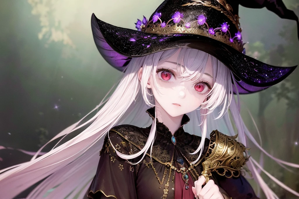  (masterpiece:1.2),(Girl in witch hat:1.2),High resolution RAW color art,Silver Marble Skin, (Highly detailed elegant), Magical colors and atmosphere, Detailed skin,The background is soft and blurry,Add a dramatic and symbolic element to your scene, Depth of written boundary, Bokeh, Silky to the touch, Hyper Detail, A girl with beautiful, deep red eyes, Elegant face,Mysteriously glowing forest at night