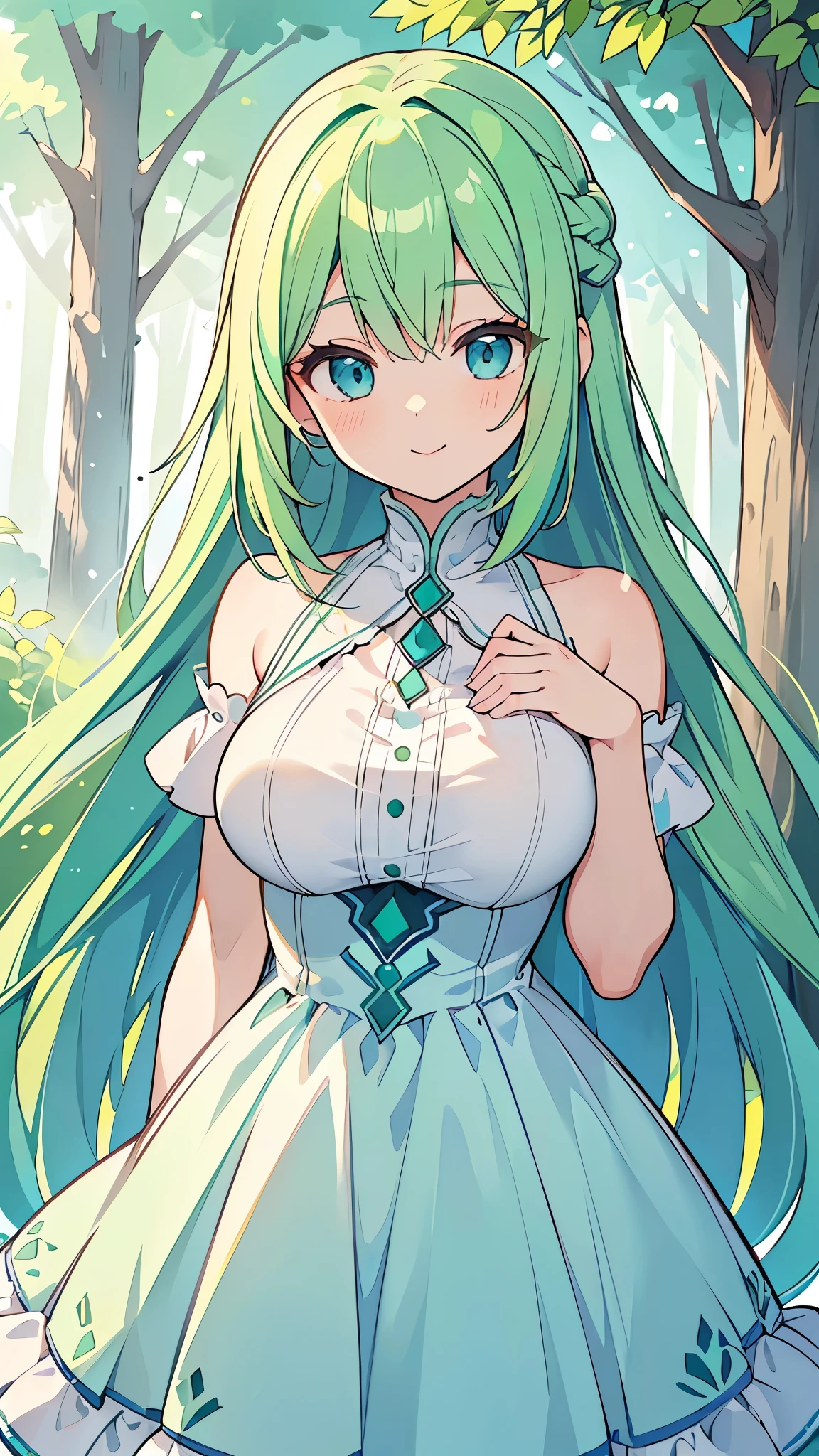 ((A Pretty girl with green hair and blue eyes)), ((wearing the white dress)), Baby face, ((top-quality, master piece, ultra-definition, high resolution)), anime girl, ((ultra-detailed illust:1.2)), only one person, bangs, hair between eye, beautiful hair, Beautiful eyes, medium breast, Big smile, in the forest