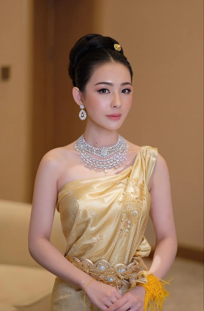 a close up of a woman in a gold dress with a necklace and earrings, dilraba dilmurat, ruan jia beautiful!, li bingbing, luxurious neckless, fan bingbing, stunning elegant, in style of lam manh, royal elegant pose, elegant and graceful, chinese empress, traditional, beautiful and elegant, 2 9 years old