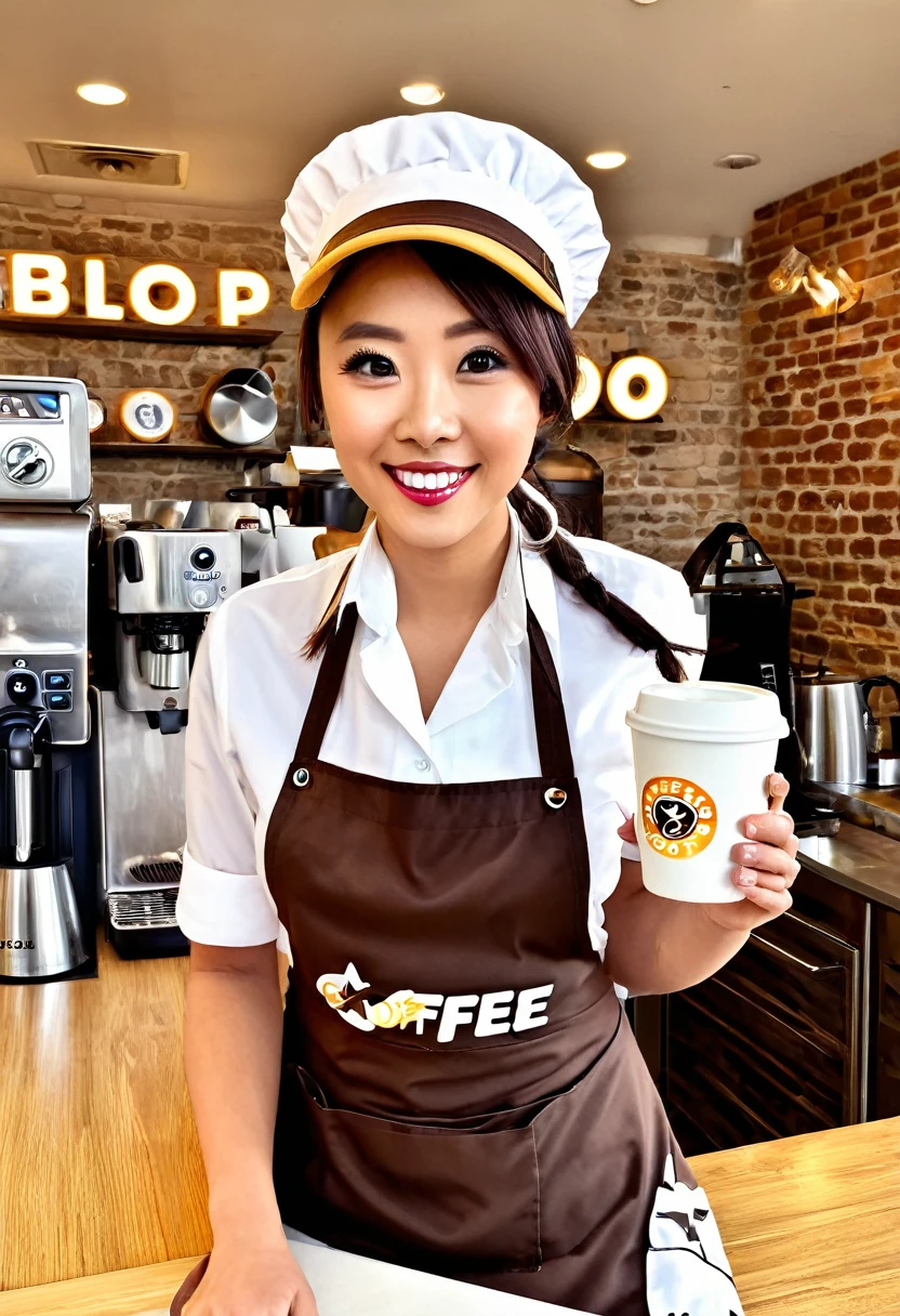 Solo, Female Mascot, Star Butts Coffee Logo, (round shape with a star design), (wearing a barista uniform with an apron and a coffee bean hat), (big, striking, and expressive eyes with a twinkle of happiness), (holds a steaming cup of coffee with one hand), (by Hioshiru, by Bayard Wu, by Thomas Benjamin Kennington, by fluff-kevlar, by r-mk, by Dimwitdog), detailed and vibrant colors, bold and clear letters for the coffee shop name, (playful and inviting expression), (perfectly proportioned), (explicitly conveys the message of coffee and friend