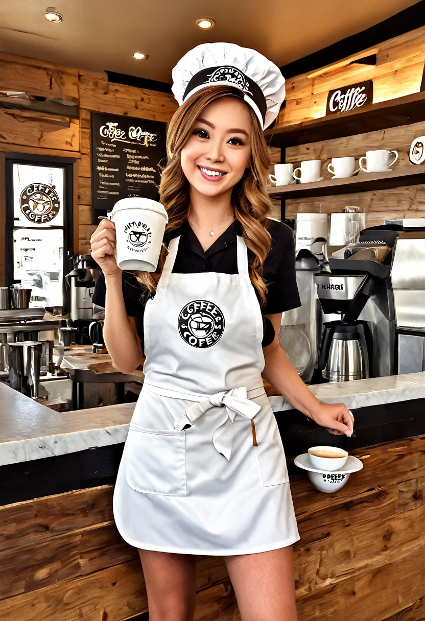 Solo, Female Mascot, Star Butts Coffee Logo, (round shape with a star design), (wearing a barista uniform with an apron and a coffee bean hat), (big, striking, and expressive eyes with a twinkle of happiness), (holds a steaming cup of coffee with one hand), (by Hioshiru, by Bayard Wu, by Thomas Benjamin Kennington, by fluff-kevlar, by r-mk, by Dimwitdog), detailed and vibrant colors, bold and clear letters for the coffee shop name, (playful and inviting expression), (perfectly proportioned), (explicitly conveys the message of coffee and friend