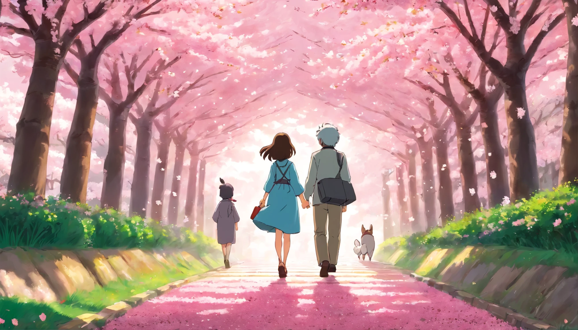 Walking under the rows of cherry blossom trees as the blossoms fall