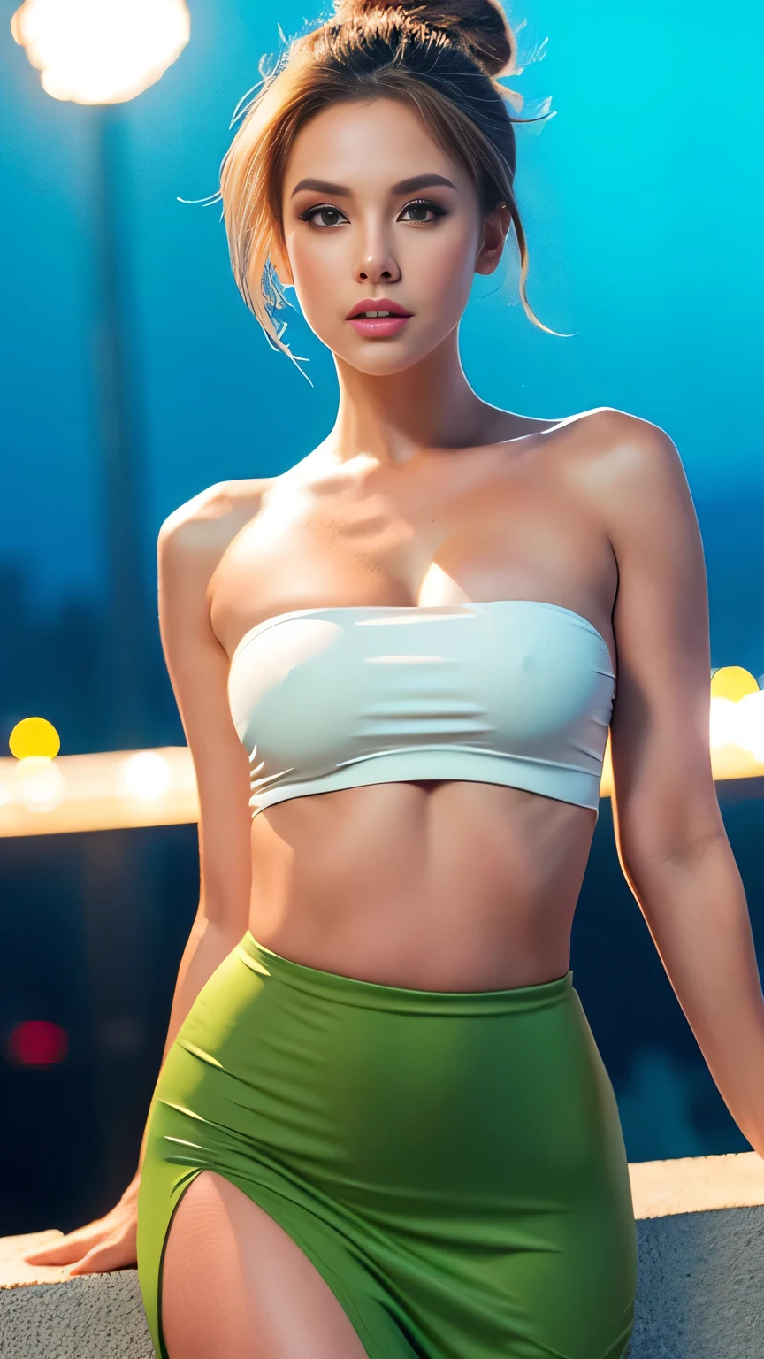 A sexy american woman, messy (bun light brown hair), (green eyes), natural makeup, plump body, medium sagging breasts, braless, wearing white tube top shirt with spandex and mini skirt, stilettos, high heels, long legs, night at las vegas, dynamic light, masterpiece, ultra detailed, movie scene, dramatic photo, perspective, vignette, cinematic
