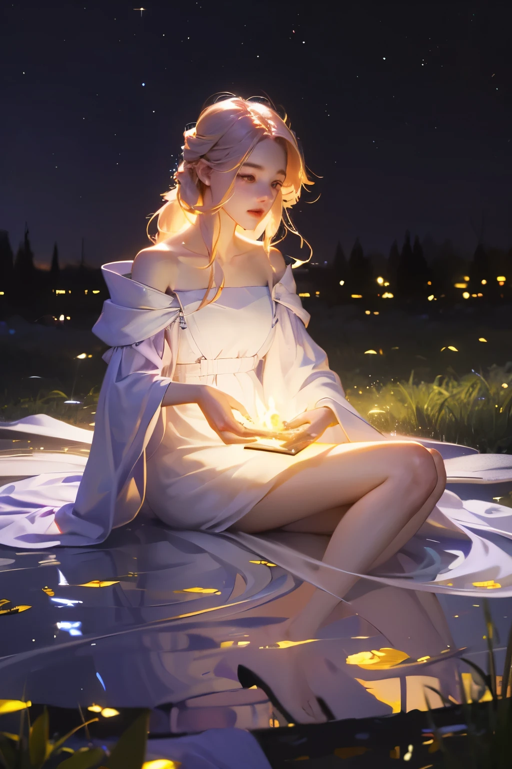 (8k, top quality, masterpiece: 1.2), (Practical, photoPractical: 1.37), Super Detail, A girl, Wide viewing angle, Firefly Garden, Many faint little lights and fireflies flew around, night