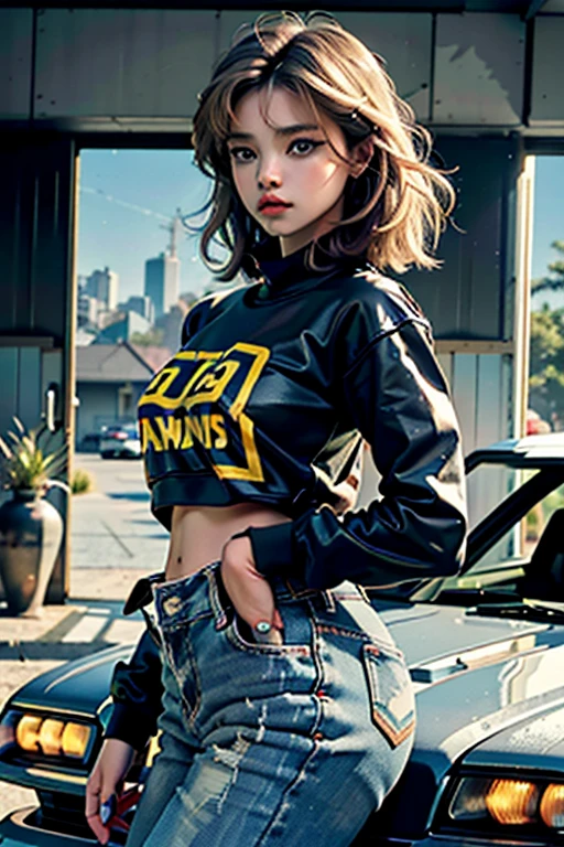 Chloë Grace Moretz as a ager, olhos grandes azuis, boca carnuda, corpo perfeito, seios grandes, bunda grande, coxas grossas, cabelos longos e ondulados, sorriso, poster, ao lado de um carro esportivo, countach, vestindo short jeans curto e camiseta de banda, jaqueta de couro preta, realista, Northern California city, altamente detalhado, clear, clear lighting