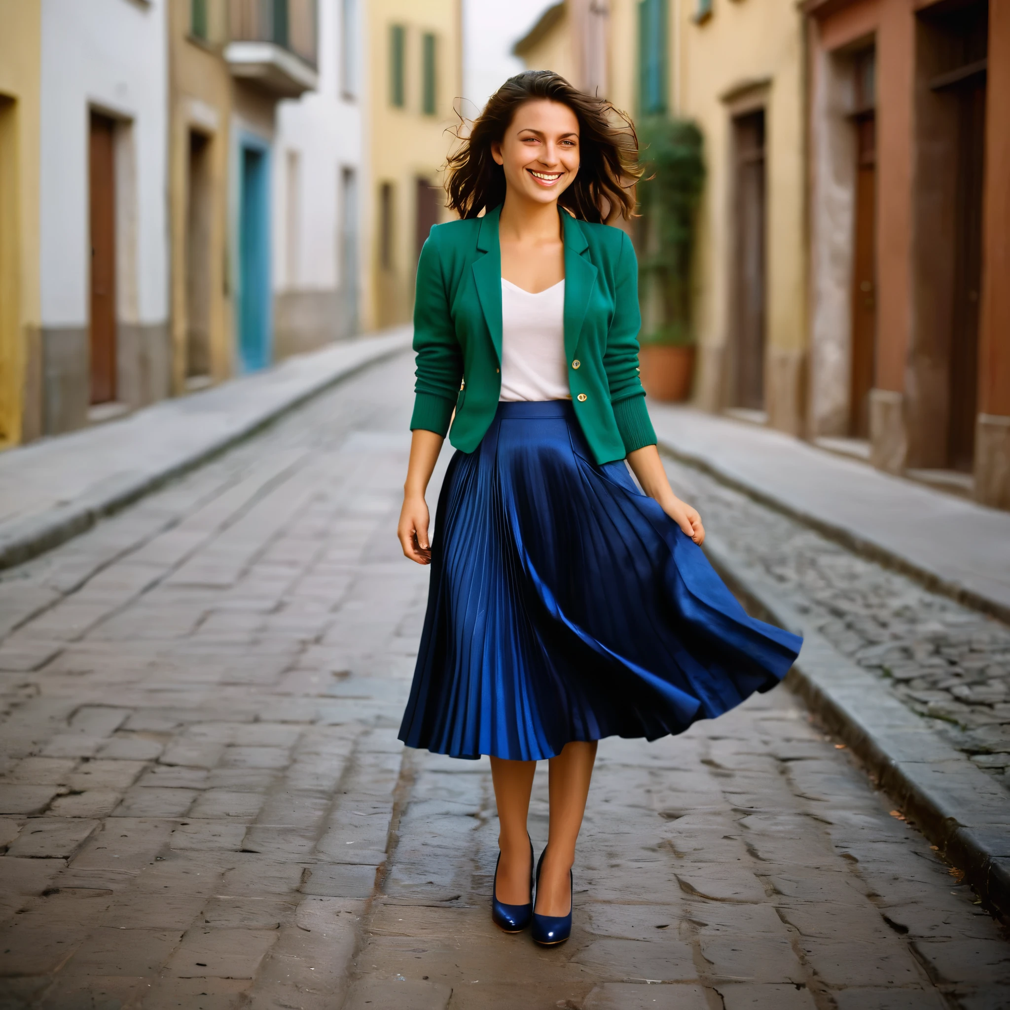 A smiling, authentic, (shy:1,3), kind, beautiful woman, is passionately in love with her skirt, loving while wind lifts her skirt, wearing short blazer and very, very detailed (long (fully pleated) full circle skirt) and (low heeled court shoes), very, very intricate hyper-detailed symmetric (attractive graceful young feminine face) with (sad, tired eyes and a loving smile), very voluptuous breasts, full of empathy and compassion and love, (pronounced (feminine) features), (highly detailed ultra accurate realistic) hands and fingers, (windy), epic composition, highly detailed attributes, (35mm f1.4 Kodak portra 400 photograph), extremely high quality RAW photograph, highly detailed atmosphere, cinematic shot, dynamic lighting, 75mm, Technicolor, Panavision, cinemascope, sharp focus, fine details, 8k, HDR, realism, realistic, key visual, film still, superb cinematic color grading, depth of field