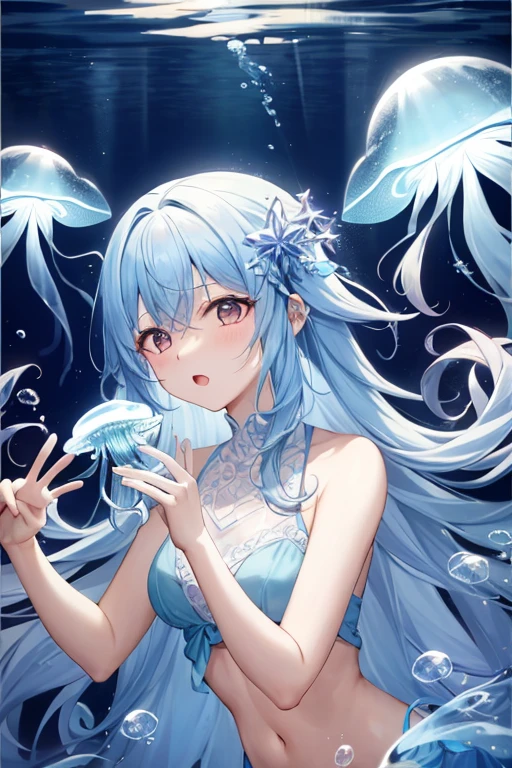 jellyfish、光るjellyfish、Aquarium、girl、In the water、Spreading hair、Aquarium、Light blue transparent hair color、colorful、Beautiful colors、Neon color、