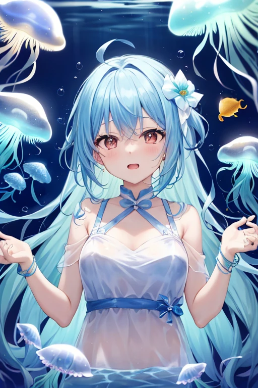 jellyfish、光るjellyfish、Aquarium、girl、In the water、Spreading hair、Aquarium、Light blue transparent hair color、colorful、Beautiful colors、Neon color、