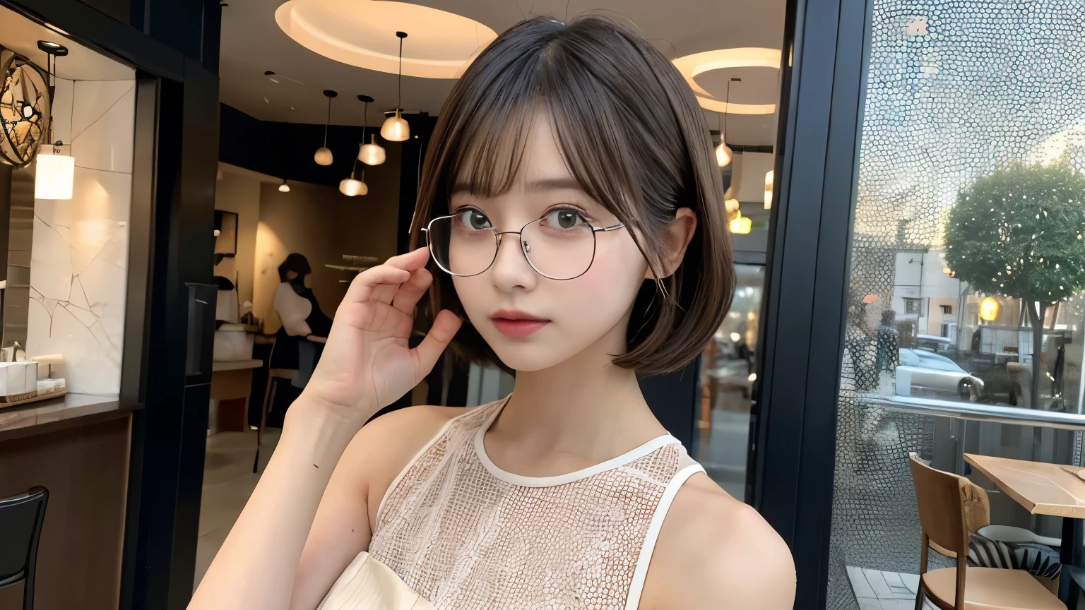 super high quality, thin, Photography Sculpture, The staff is working at the counter in the back..., (8k、RAW Photos、highest quality、masterpiece:1.2), Japanese Idols, Stylish cafe, (Realistic、Realistic:1.37), Beautiful Face , Bob Hair, Mesh Hair, Normal chest, Urban Cafe, Golden Ratio, RAW Photos, Bright cafe interior, Blurred Background, Spring Clothes, Glasses, Beautiful hairstyle, suit, 20-year-old, Hair blowing in the wind, Dress appropriately, 
