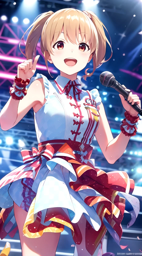 high quality, muste piece, idol uniform, 1 girl, solo, stage, dancing, seductive smile, have a microphone, many audience