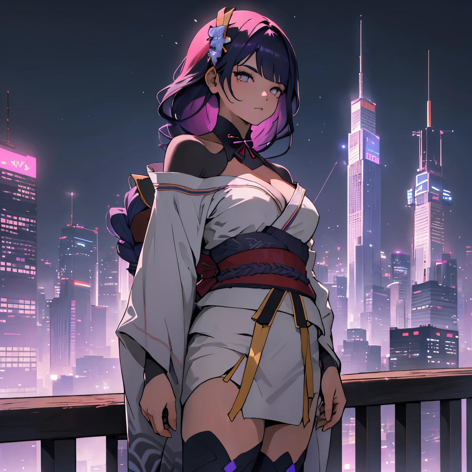 anime, (obra de arte, melhor qualidade, ultra-detalhado, alto contraste), 1 mulher (Sozinho, corpo todo, corpo plus size, standing on the edge of the skyscraper, cabelo prateado, CABELO LONGO E FLUXO, olhos vermelhos brilhantes de rubi, (Kimono preto, black cybernetics with neon pink), meias pretas transparentes), (skyscraper roof, com vista para uma cidade, fundo detalhado ((night time, Darkness, low light pollution)))