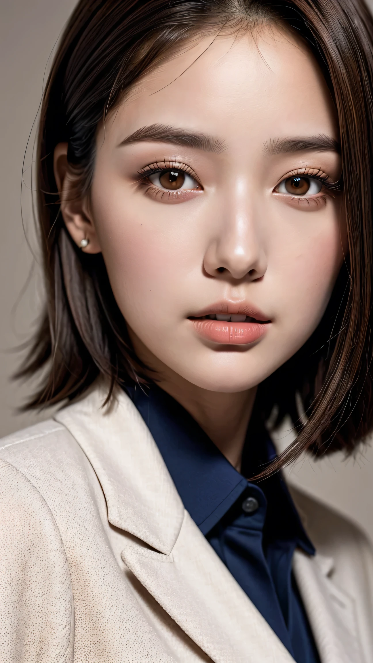 Generated in SFW, (1 Female:1.37), ((extremely Detailed sharp-portrait:1.2)), close up of her face, Looking at the viewer, Plump Cheeks, Supermodel, , high school girl, (Ultra realistic), ((photorealistic)), ((Sharp Focus)), (highest resolution), (the most absurd quality), (masterpiece), (Illustration), 32K, (Best Illustration), (Improvement of quality:1.4), (high detailed realistic Super beautiful face), (Highest quality realistic skin texture:1.4), (Perfect Anatomy:1.37), very small head, Very small face, The background is a black wall:1.15, (school uniform, :1.05), (Navy blue long sleeve blazer:1.37), (White collared blouse shirt:1.3), (Line pattern tie:1.21), (Navy Check Skirt:1.1), Slim figure, Tight waist, (best highest detailed realistic brown_eyes:1.4), ((super realistic sharp-eyes)), (tired and sleepy and satisfied:0.0), (close up of a woman's eyes:1.18), perfect round eyes, finely detailed pupils, Thin lashes, Sharpen your eyebrows, Natural Makeup, [Pink lipstick], (Beautiful Lips:1.33), (Great nose:1.2), (Flat Chest), (Slim lower body), Shiny brown hair, Let your bangs hang long, (Short Hair:1.21), Movie Lighting, //I did my homework for.....who?//