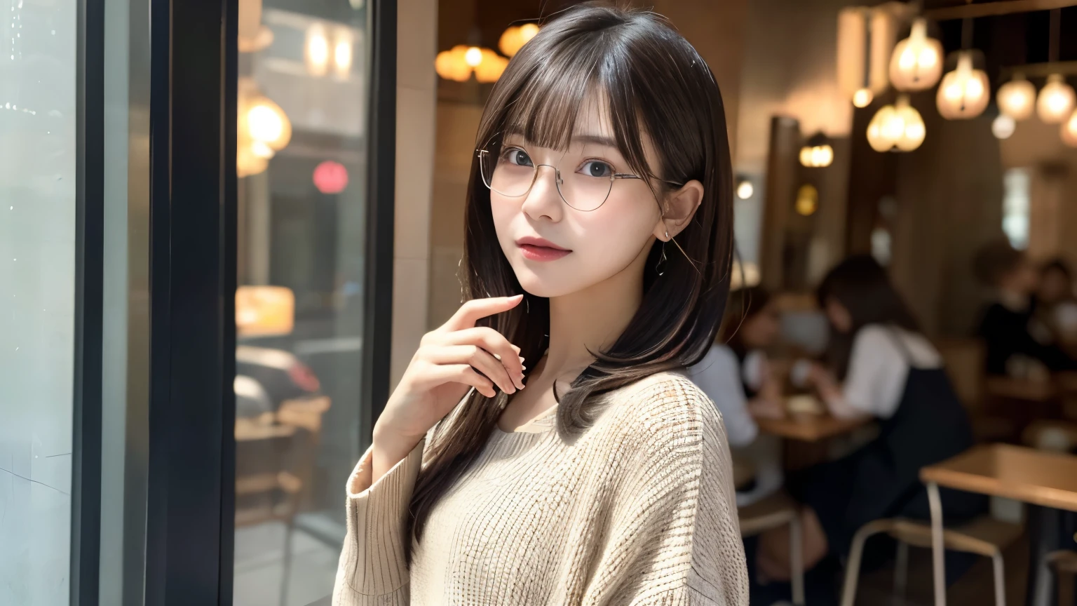 super high quality, thin, Photography Sculpture, The staff is working at the counter in the back..., (8k、RAW Photos、highest quality、masterpiece:1.2), Japanese Idols, Stylish cafe, (Realistic、Realistic:1.37), Beautiful Face , Bob Hair, Mesh Hair, Normal chest, Urban Cafe, Golden Ratio, RAW Photos, Bright cafe interior, Blurred Background, Spring Clothes, Glasses, Beautiful hairstyle, suit, 20-year-old, Hair blowing in the wind, Dress appropriately, 
