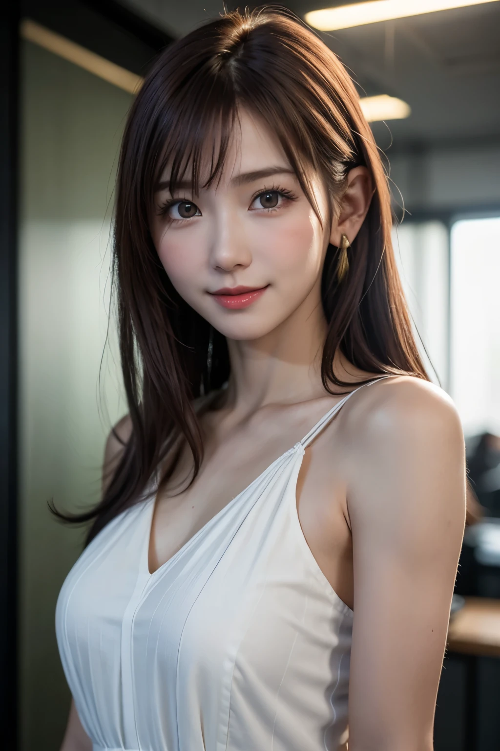 White see-through blouse,Face Interview, (photo Real:1.4), (hyper Realistic:1.4), (Realistic:1.3), (Smooth lighting:1.05), (Improve the quality of your video lighting:0.9), 1 Female, 20-year-old woman, Realistic lighting, Backlight, Facial Light, Ray-tracing, (Cheerfulness:1.2), (Improved image quality:1.4), (Top quality real texture skins), Finely grained, Small Face, Red cheeks, Skinny body, Mesonothorax pointed chin,,,,,,, Korean Idols, Nogizaka Idol, Glowing Skin, Gravure idol pose, p, Blunt bangs, Light brown hair, Hair behind the ear, Hair that falls over the shoulders, Long Hair,Tear bags,。Blackheads under the eyes、Old Western-style building、