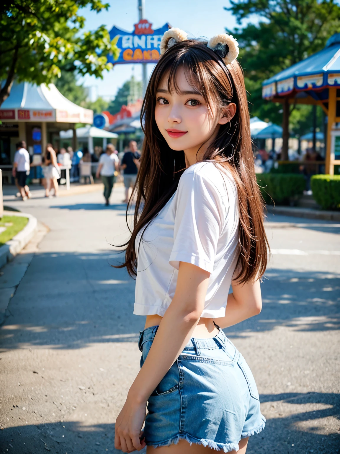8k, highest quality, masterpiece, Ultra-high resolution, (Realistic:1.4), whole body、RAW Photos, ((long brown hair straight, See-through bangs))), Beautiful Details 1 Girl, (Realistic:1.4), High-resolution RAW color photos, Professional photos, Highly detailed eyes and face, Natural light, Facial details, White skin, Shiny skin, Tight waist, Small Ass, Thin legs, (Natural lips), (amusement park), Lightweight and cute summer clothes、Short skirt、 just looking at the audience, Cute Smile, Nice body, Fluffy bear ears headband