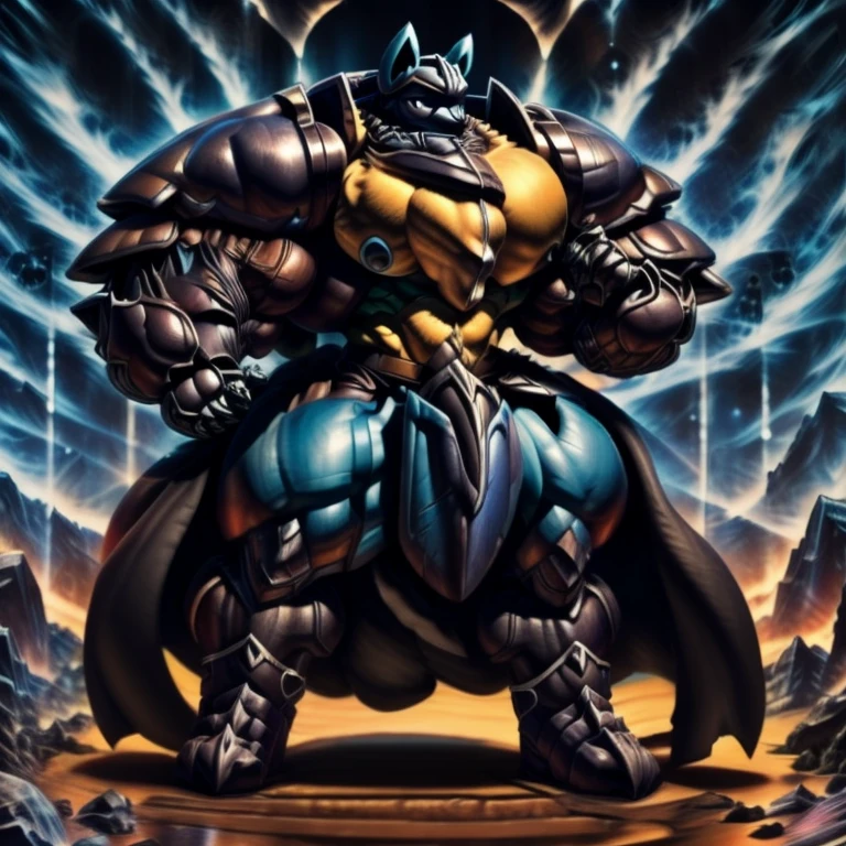 (masterpiece, best quality, detailed:1.2) (Pokémon) LUCARIO, detailed full body, a knight's mechanical armor, glowing wide and heavy armor, wears full body armor. massive muscles, huge pecs, chiseled abs, huge pectorals, exaggeratedly huge muscles. wearing a cloak. unusually developed muscular body big muscle, pecs, triceps, traps, waist narrow, unusually developed muscular body, Dark knight,
BlackKnight_fe, 
