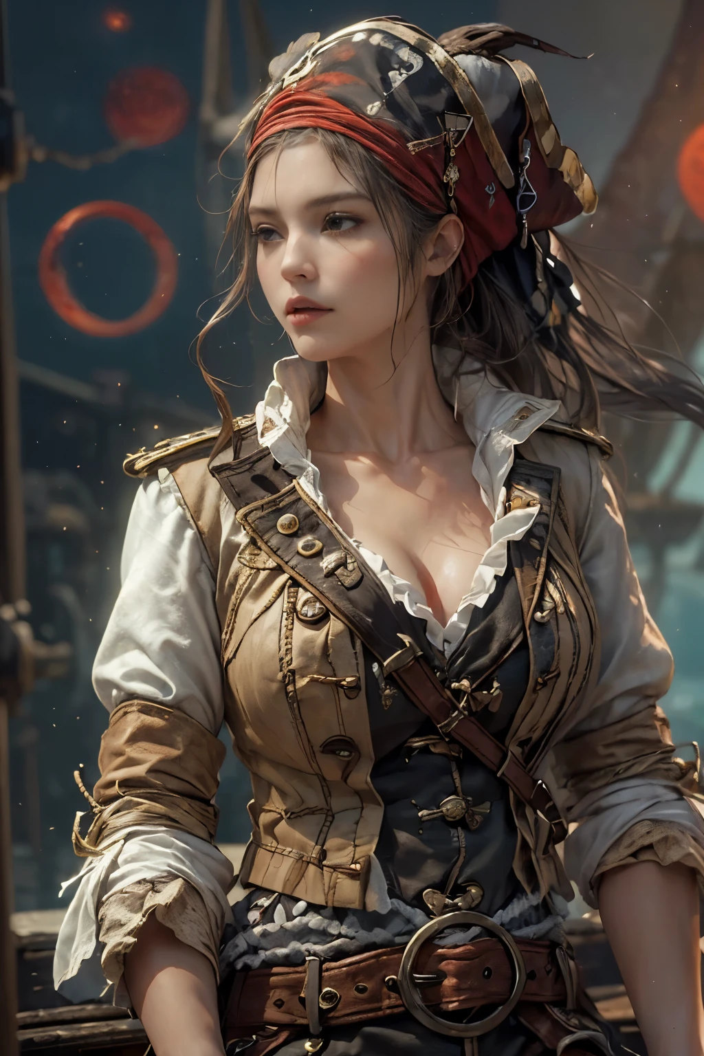 (masterpiece, Best Quality, High resolution, extremely detailed 8K:1.6), {(1 girl:1.6), sexy Beautiful 25 years old girl with slim body, (pirate:1.8):1.6}, (Ultra HD, Ultra-detailed, Highly detailed, Highly realistic, Ultra-realistic, photos realistic), {deep depth of field, (god ray:1.2), (bounced front lighting:1.1), (soft diffused lighting:1.6) }, (1girl:1.5), (long hair, pony tail:1.4), (dynamic sexy poses), (very delicate and natural hair:1.3), back view, facing at camera, light smile, (big firm bouncing breasts: 1.6), (very delicate and natural face, very delicate and natural eyes:1.3),(very delicate and natural clothes:1.2),(crystal blue eyes:1.2) (sexy brown pirate jacket, The chest part of the jacket is widely open, black short pants, deck boots:1.5), {waves, (in midnight, blood moon:1.6), (sitting on pirate boat, lots of treasures, treasures box, firing cannons:1.3),(southern island:1.6)}
