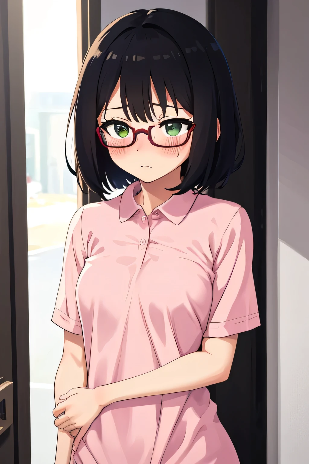 In town,Clothes rolled up, small breasts,Black Hair,short hair,Green Eye Glasses,(Shocking pink polo shirt, Short sleeve, naked), (High resolution, high quality:1.1), Intricate details,  1 girl,(blush,Embarrassing)There are a lot of people around