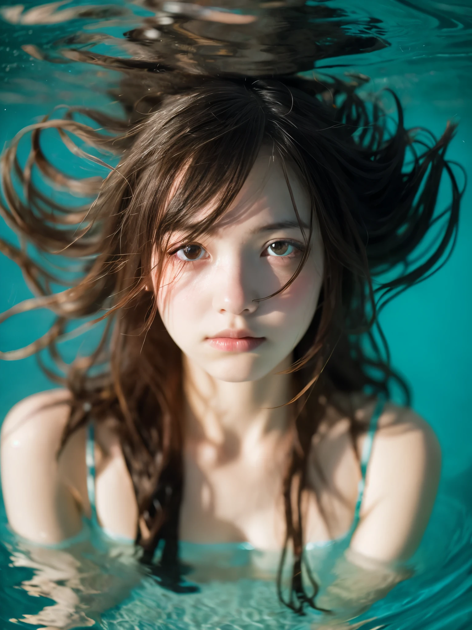 deep sea,1 girl,floating hair,Eyes that tell a story,look into the camera,hair flowing in water,It's like a whole body,close up of shot,1 giant carp, bubble,air bubbles, under the water, the sun refracts light, Dingdal effect,8K, very attentive, best quality, masterpiece, photorealistic,skin texture