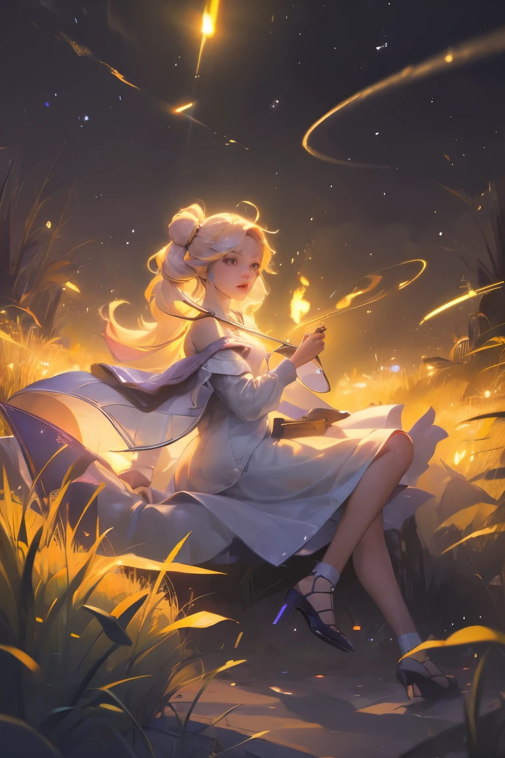 (8k, top quality, masterpiece: 1.2), (Practical, photoPractical: 1.37), Super Detail, A girl, Wide viewing angle, Firefly Garden, Many faint little lights and fireflies flew around, night