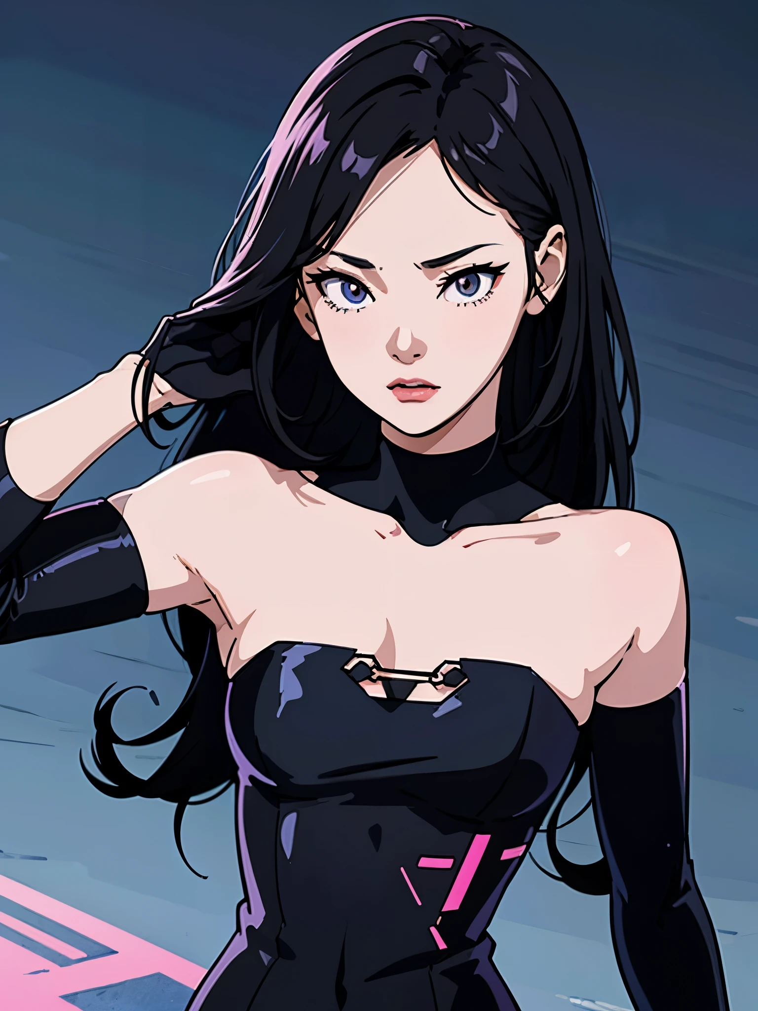 digital art drawing, illustration of (girl, long dark black hair mid part, brown eyes, sexy facial expression, flat chest, light blue corsette, single arm black sleeve, cyberpunk background), anime drawing/art, bold linework, illustration, digital art, masterpiece, flat illustration, no shadows, 8k resolution, high detail, vector art, only anime, perfect eyes, perfect hands, perfect fingers, sharpness, high clarity, medium close up, high fidelity