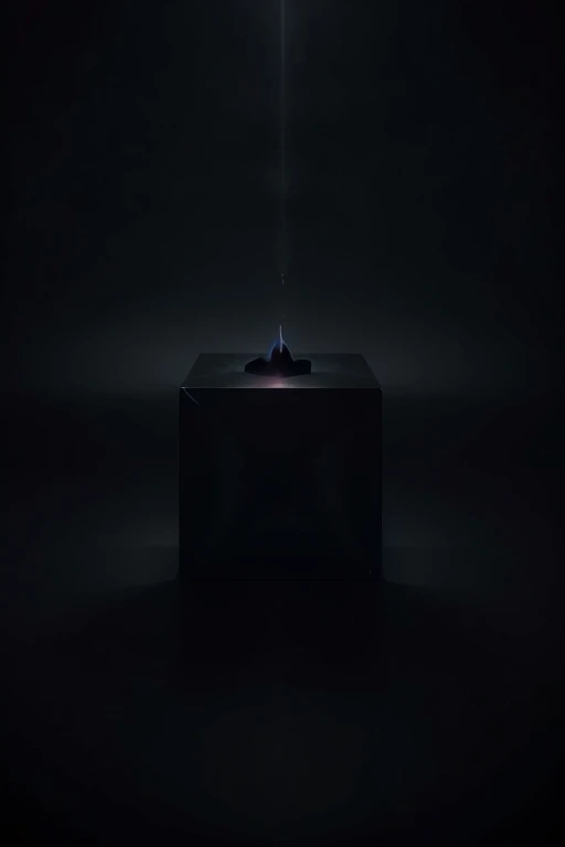 The character exudes an aura of darkness, with their form obscured by a cloak that seems to meld into the shadows, wisps of black smoke swirling around them. Their presence invokes a sense of foreboding, as if they are a harbinger of unseen mysteries. In their hand, they grasp a perfectly symmetrical four-sided cube, its surface so dark it appears to consume the very essence of light around it. Despite its simplicity in shape, the cube emanates an unsettling energy, hinting at untold secrets and unfathomable depths