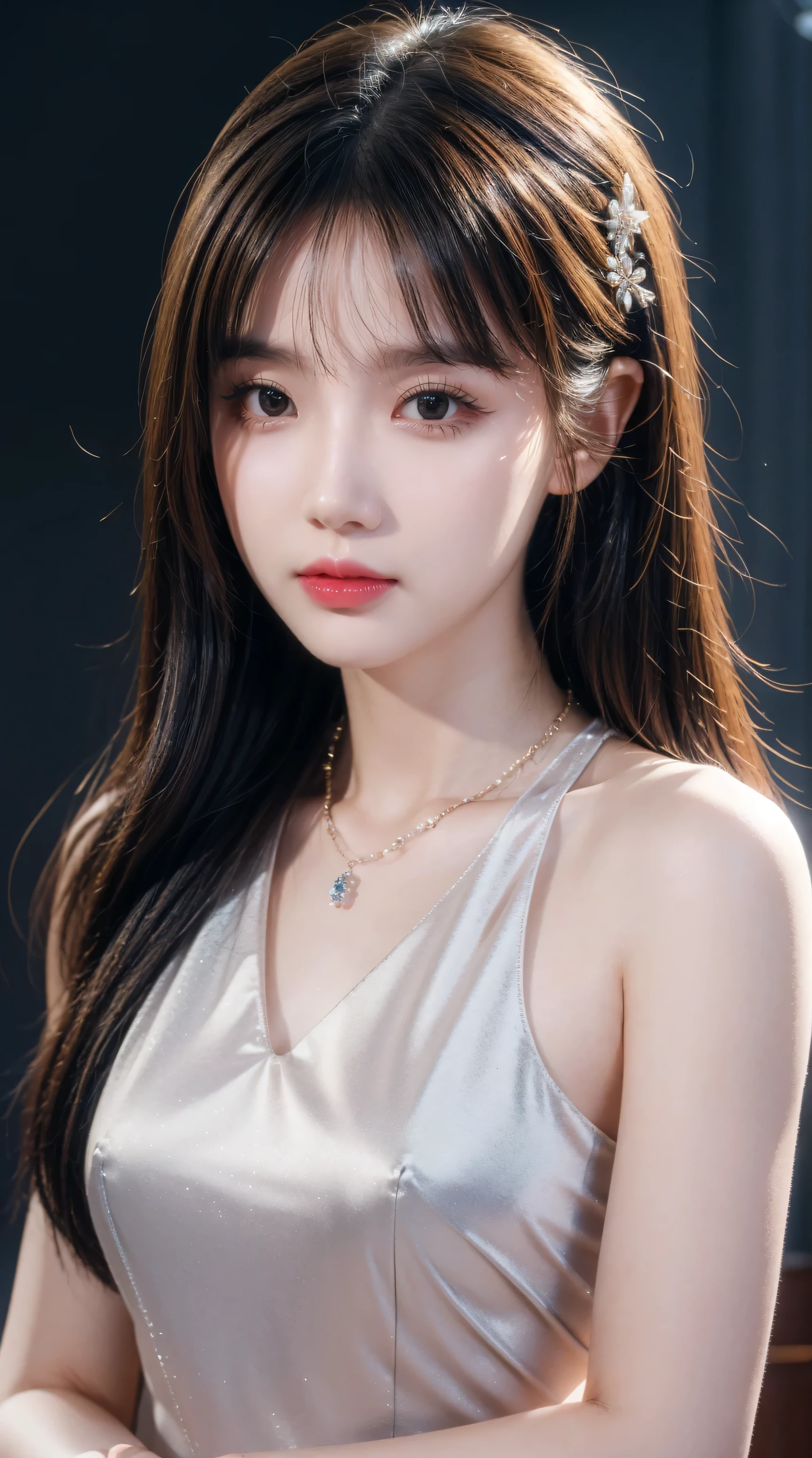 best quality, masterpiece, high resolution, 1 Girl,cheongsam,Hair accessories,necklace, jewelry,Pretty Face,Above_Body, Tyndall effect,Reality, Dark Studio, Edge lighting, Two-tone lighting,(Highly detailed skin:1.2), 8K Ultra HD, DSLR camera, soft light, high quality, Volumetric Lighting, frank, photo, high resolution, 4K, 8k, Bokeh, Blonde hair,