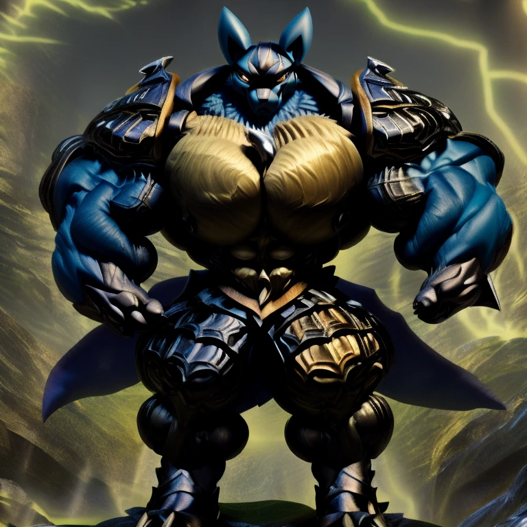 solo, (LUCARIO, 8K), (Masterpiece, highres), (Golden armor, medieval armor, horned helmet, full armor), (Detailed head, Detailed Body, Detailed abs, full body), (wearing a cloak),
(gigantic muscles, Gigachad Muscular, big muscle, pecs, triceps, traps, unusually developed muscular body, body full of huge muscles. showing off muscles, pectorales enormes, Exaggeratedly huge muscles.),
(nj5furry, The claws are sharp, Sharp teeth, sharp claws), (long legs), (Golden wings, Spread wings, It has wings, have big wings), (black color hyper penis, hyper black penis, penis),