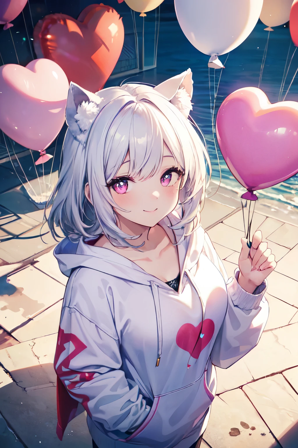 ((((masterpiece, highest quality, Super detailed, very_expensive_solve, big_file size, Full Color)))), One girl, ((The best smile)), (A smile that makes you close your eyes), Long white hair, Pink Eyes, Wearing a fluffy white hoodie, Heart-shaped pupils, (((From above))), (((Look here))), Lens flare, Bokeh, Shine, ((watercolor)), Animal ears, ((Holding a big heart balloon))