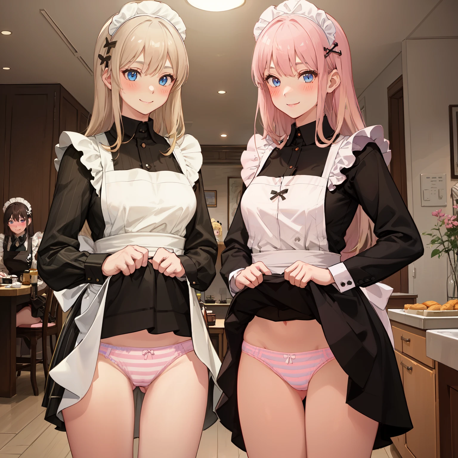 highest quality、masterpiece、((2 girls:1.5))、((smile:1.3))、(blush:1.3)、Black Shirt、blouse、((fun!!))、(Small breasts)、(Blonde:1.3)、(long hair)、(Long sleeve)、((White apron:1.5))、((Maid))、((hair ornaments)),、Kamimei、look at me、 ((in house:1.5))、 Taking a break from watching the audience、Cowboy Shot、(Skirt lift:1.3),(Highly detailed pink striped panties:1.3)、(Highly detailed panties:1.3)、、(スカート that rolls up:1.3)、(Panties fully exposed:1.5)、Light blue eyes、long hair、Glowing Eyes
